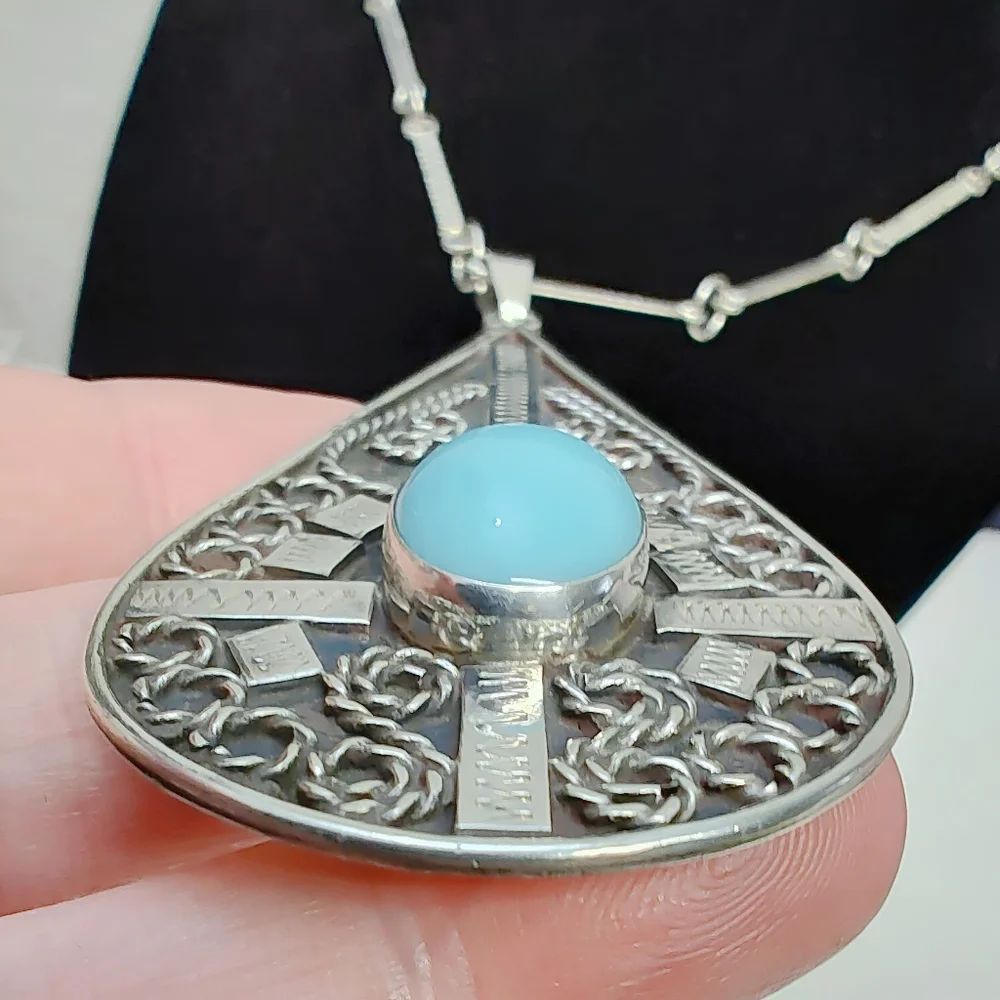 Vintage MEXICO Sterling Silver REYGO Turquoise Tear Drop Pendant Necklace 23.5" - Picture 4 of 12